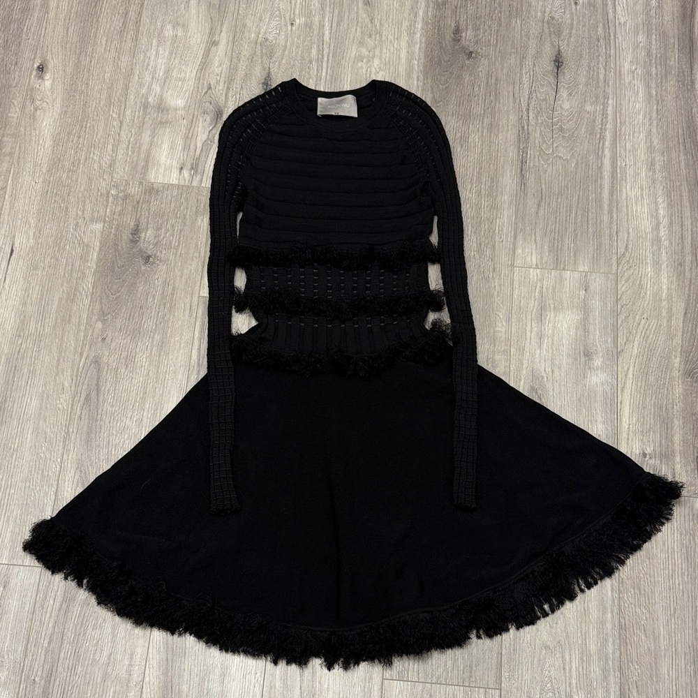 Jason Wu Fringe Mesh Long Sleeve A-line Holiday Dress - Picture 4 of 7